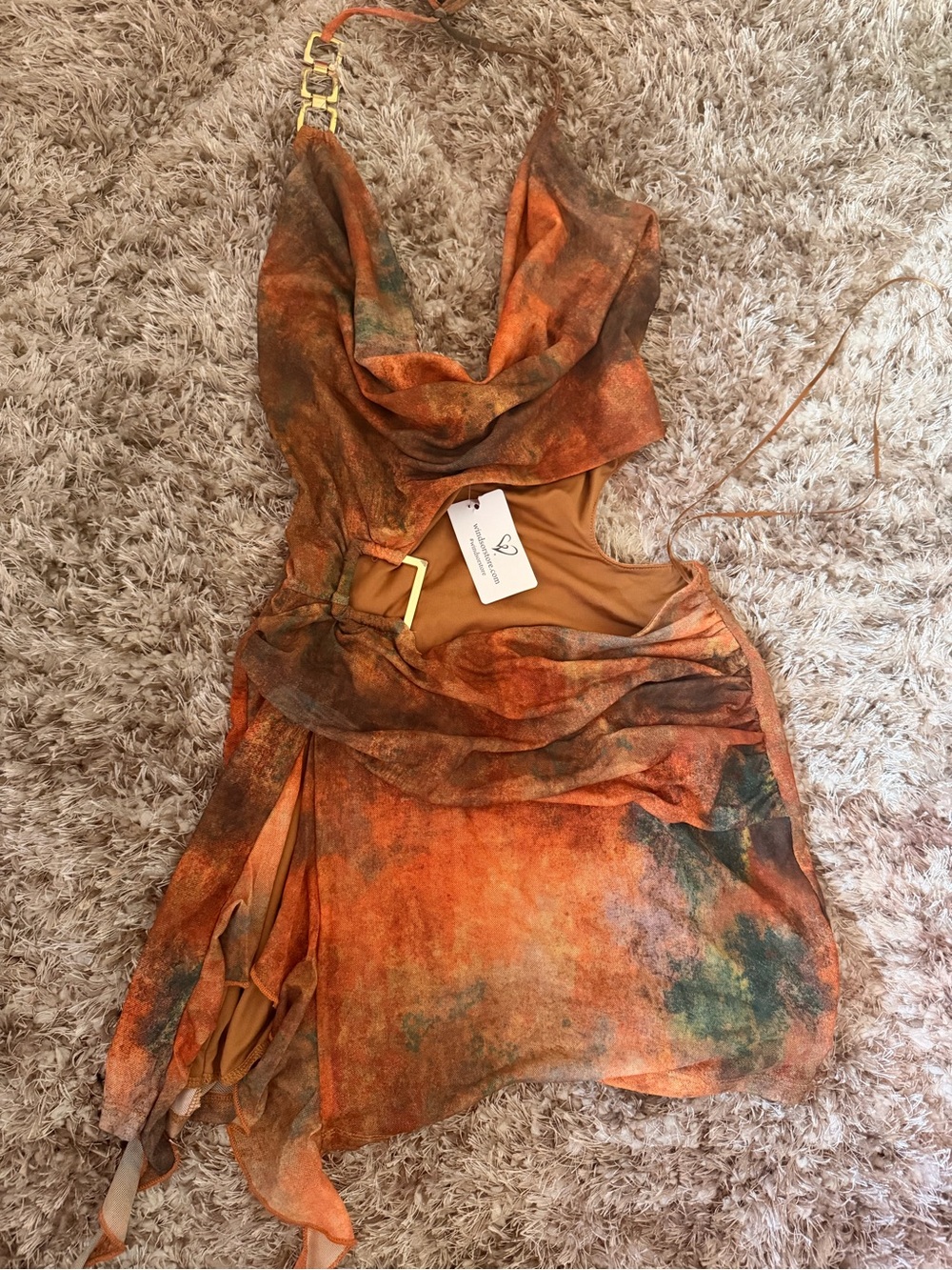 Windsor Orange Multicolor Cowl Backless Halter Dress